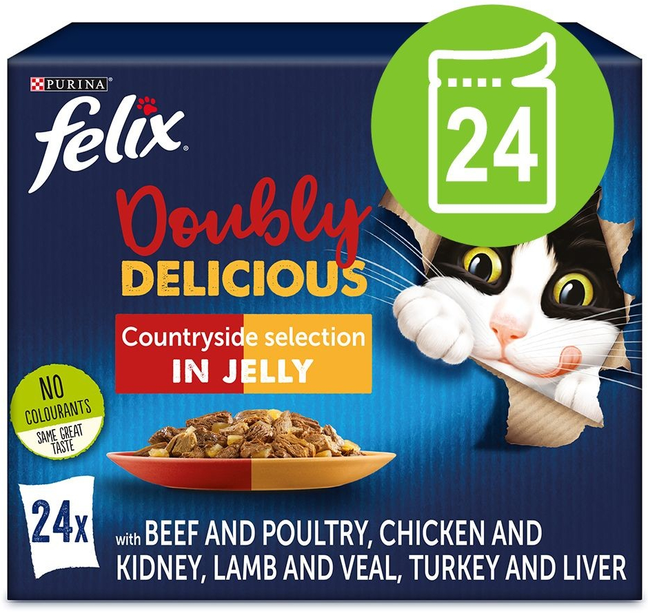 Felix Fantastic Dvojnásobná pochoutka hovězí a drůbeží jehněčí a telecí kuřecí a ledviny krůtí a játra 24 x 85 g