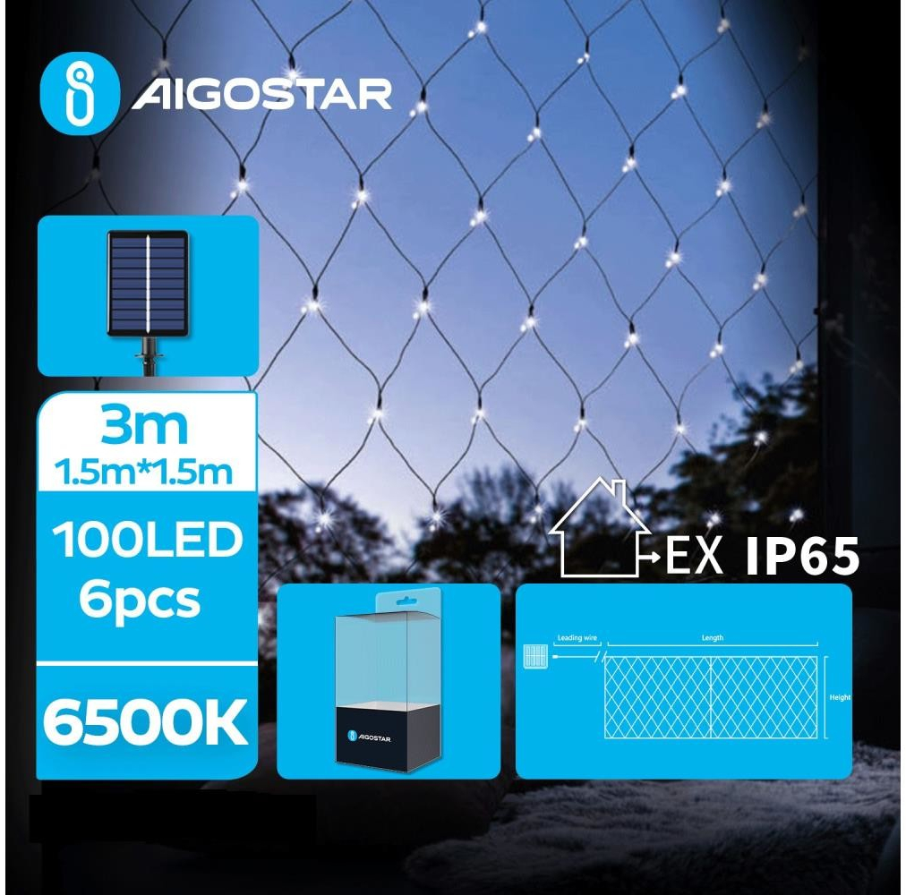 Aigostar LED Solární vánoční řetěz 100xLED 8 funkcí 4,5x1,5m IP65 studená bílá | AI0439