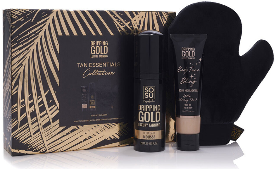 Sosu Cosmetics Tan Essentials Set samoopalovací pěna Ultra Dark 150 ml + tělový rozjasňovač Body Tune Bling 100 ml + nanášecí rukavice