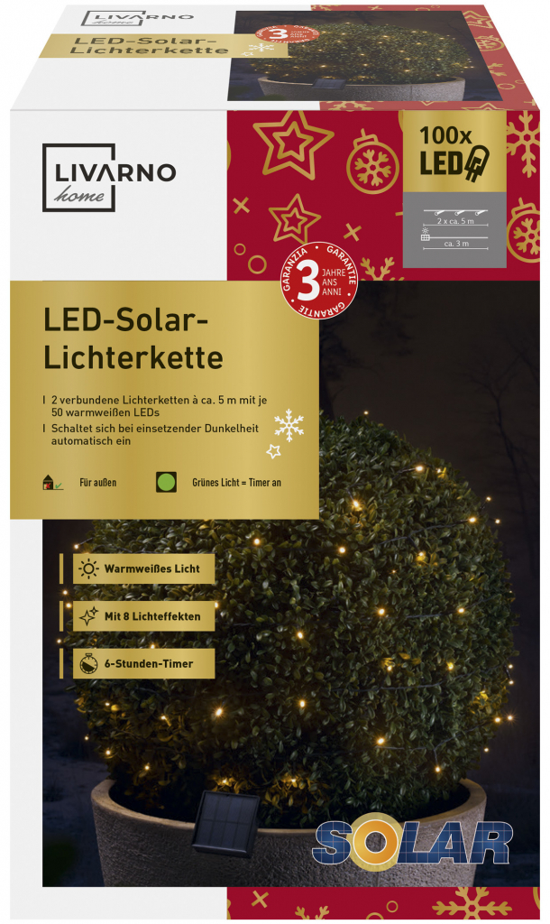 LIVARNO home Solární světelný LED řetěz 100 LED teplá bílá