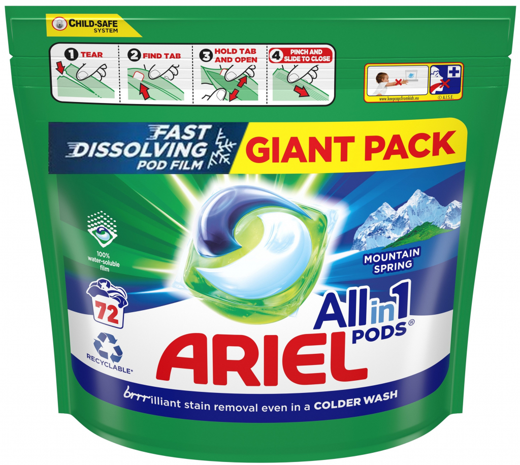 Ariel All in 1 Pods Mountain Spring gelové kapsle na praní bílého a světlého prádla 72 ks