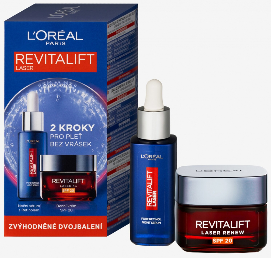 L\'Oréal Paris Revitalift Laser denní pleťový krém Revitalift Laser X3 SPF20 50 ml + noční pleťové sérum Revitalift Laser Pure Retinol Night Serum 30 ml dárková sada