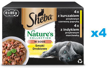 Sheba tacka Nature\'s Collection Drůbeží příchutě v omáčce s kuřecím masem a červenou paprikou s krůtím masem a mrkví 32 x 85 g
