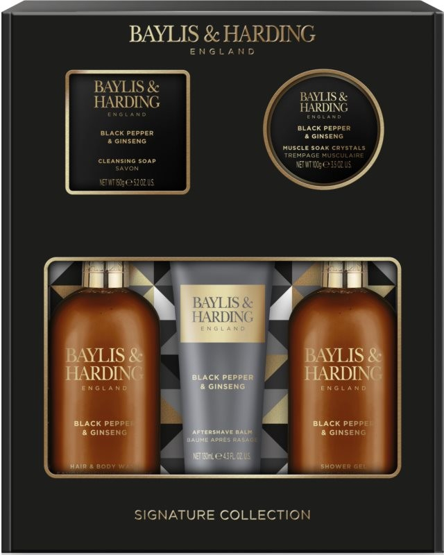 Baylis & Harding Black Pepper & Ginseng čisticí tuhé mýdlo 150 g + sůl do koupele pro uvolnění svalů 100 g + mycí gel na tělo a vlasy 300 ml + balzám po holení 130 ml + sprchový gel