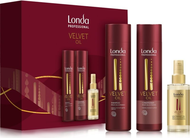 Londa Professional Velvet Oil vyživující olej na vlasy 100 ml + Velvet Oil šampon pro suché a normální vlasy 250 ml + Velvet Oil revitalizační kondicionér 250 ml dárková sada