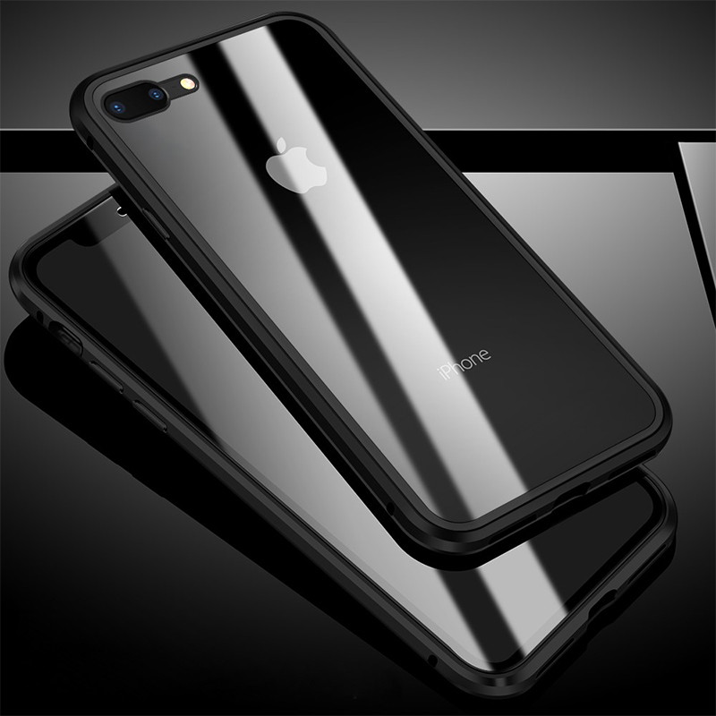 Pouzdro AppleMix Apple iPhone 7 Plus / 8 Plus - 360° ochrana - magnetické uchycení - skleněné / kovové - černé