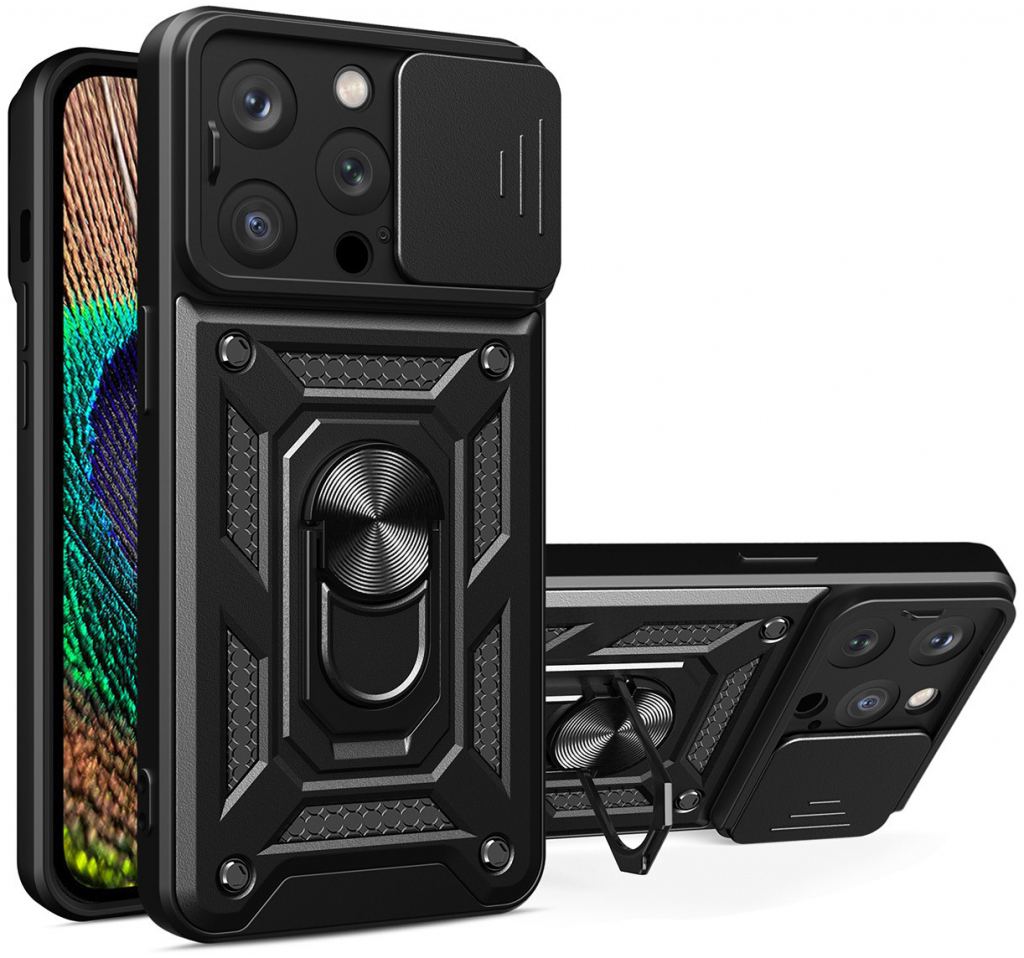 Pouzdro Hybrid Armor Camshield Silikonové s kovovým kroužkem na iPhone 15 PRO MAX černé