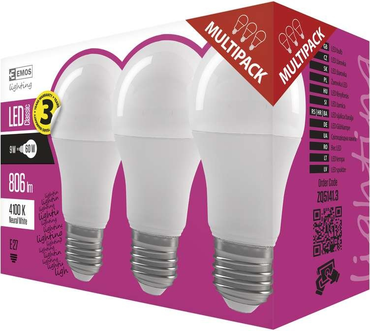 Emos LED žárovka Classic A60 9W E27 neutrální bílá 3ks