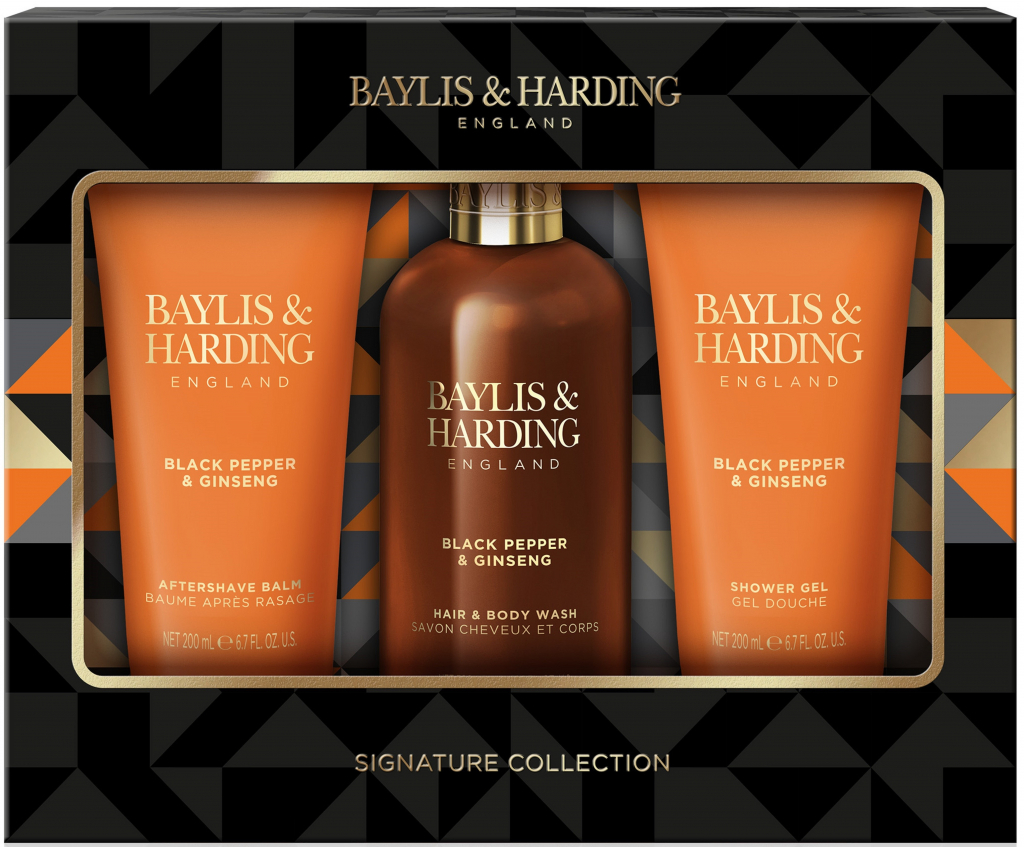 Baylis & Harding Men Černý pepř a Ženšen sprchový gel 200 ml + balzám po holení 200 ml + mycí gel na tělo a vlasy 300 ml