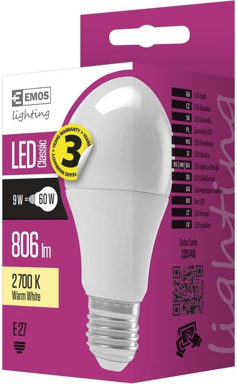 Emos LED žárovka Classic A60 9W E27 Teplá bílá ZQ5140 1525733201 1 ks