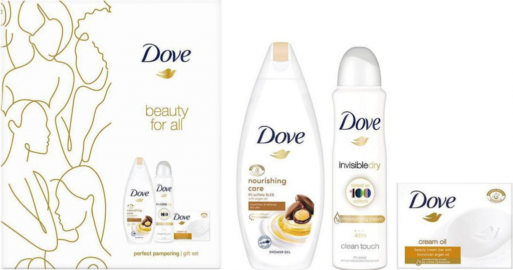 Dove Beauty For All Nourishing Care sprchový gel 250 ml + Invisible Dry antiperspirant deodorant sprej 150 ml + Cream Oil Moroccan Argan Oil toaletní mýdlo 100 g dárková sada