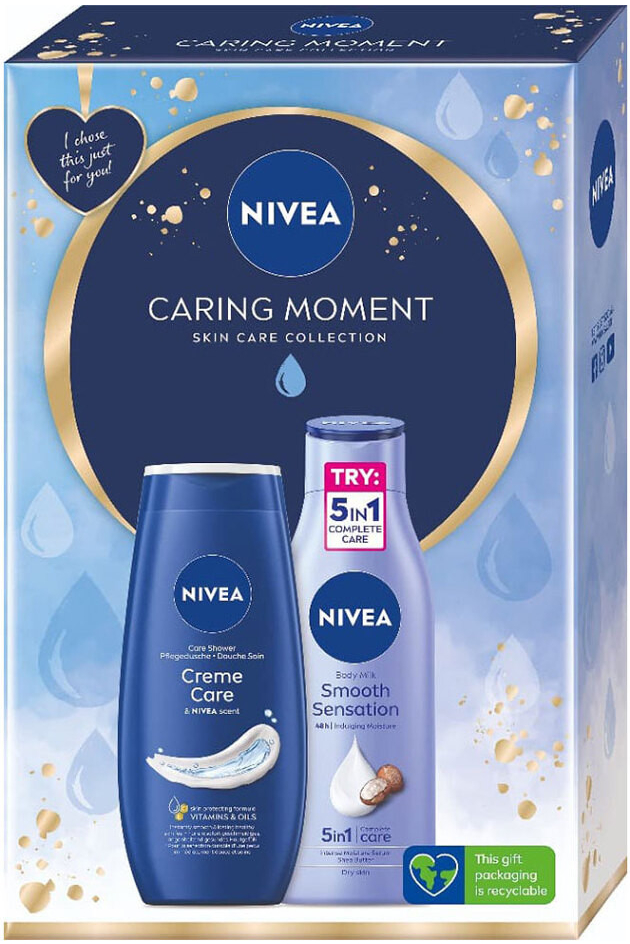 Nivea Caring Moment sada srpchový gel Creme Care 250 ml + tělové mléko Smooth Sensation 250 ml