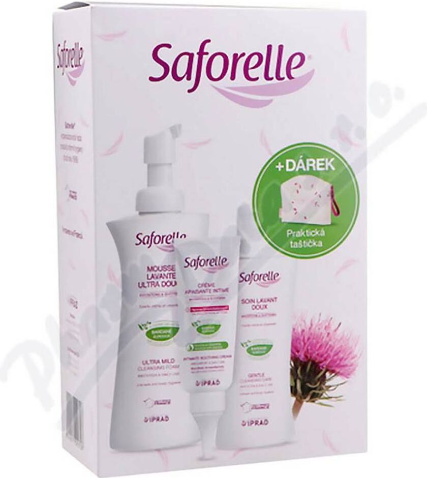 Saforelle jemný mycí gel na intimní hygienu a hygienu celého těla 100 ml + Ultra jemná čistící pěna 250 ml + krém 40 ml + taštička dárková sada