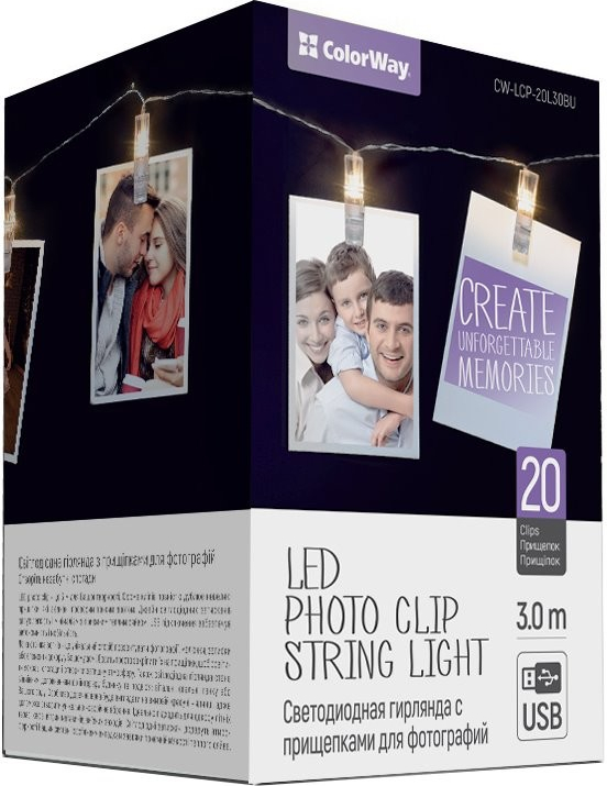 COLORWAY LED fotokolíčky / 20 LED / délka 3 m / teplá bílá/ napájení USB