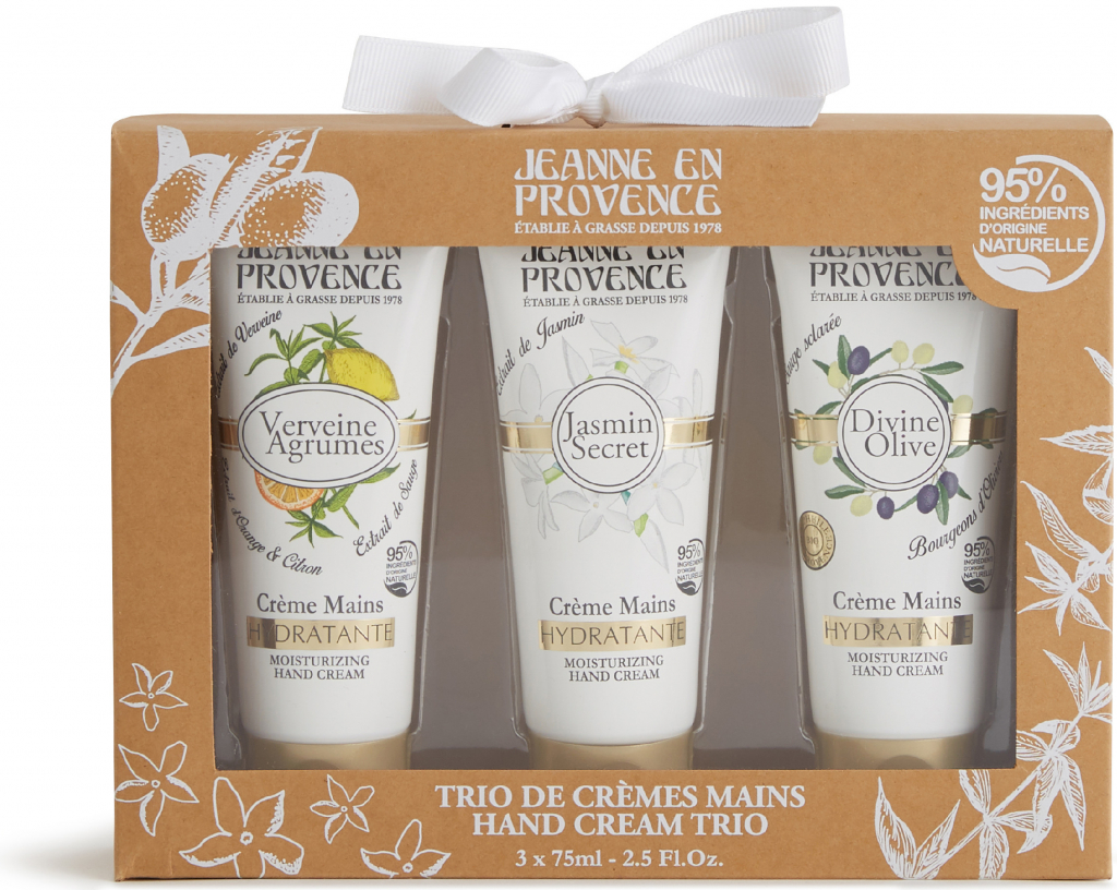 Jeanne en Provence Olive hydratační krém na ruce a nehty 75 ml + Jasmine hydratační krém na ruce a nehty 75 ml + Verbena hydratační krém na ruce a nehty 75 ml dárková sada