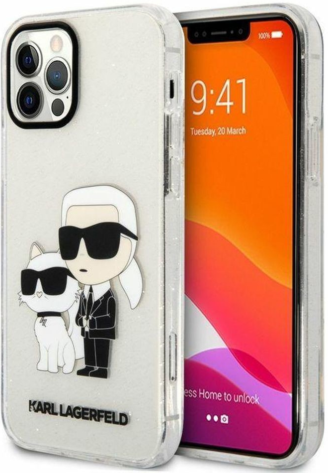 Pouzdro Karl Lagerfeld IML Glitter Karl and Choupette NFT iPhone 12/12 Pro čiré