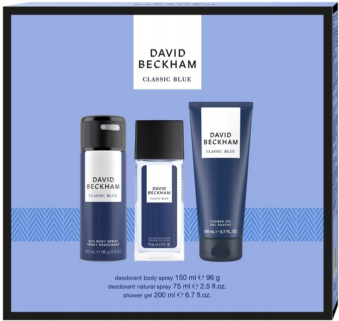 David Beckham Classic Blue deodorant s rozprašovačem 75 ml + sprchový gel 200 ml + deodorant ve spreji 150 ml