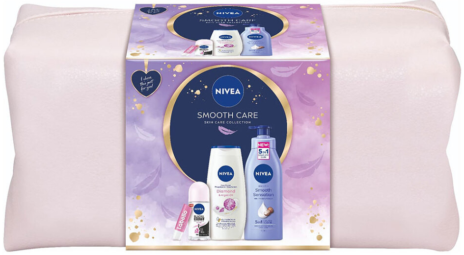 NIVEA Smooth Care Sprchový gel 250 ml + tělové mléko 400 ml + roll-on 50 ml + balzám na rty 4,8 g + kosmetická taška Dárkové balení