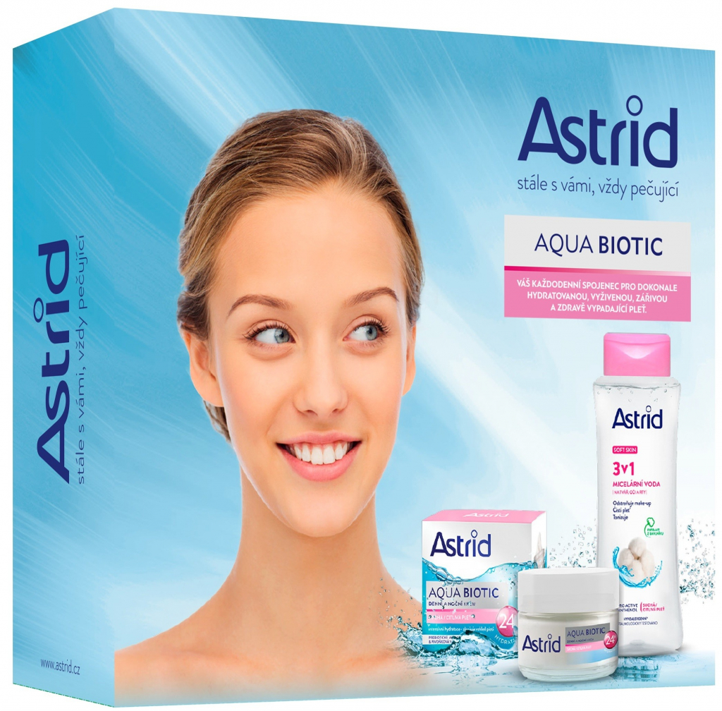 Astrid Aqua Biotic denní a noční krém pro suchou a citlivou pleť 50 ml + Soft Skin 3v1 micelární voda 400 ml dárková sada