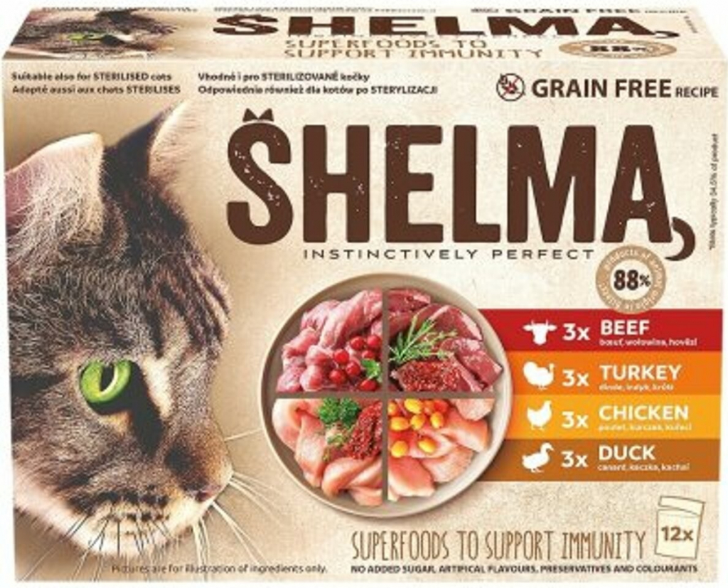 Shelma Cat kuřecí hovězí kachní a krůtí 12 x 85 g