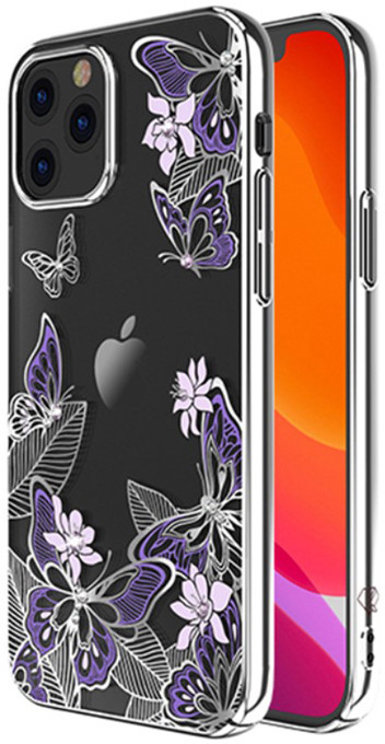 Pouzdro KINGXBAR Apple iPhone 12 / 12 Pro - s kamínky - plastové - motéli a květiny - stříbrné / fialové