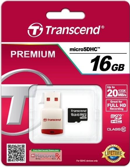 Transcend microSDHC 16 GB Class 10 + USB čtečka TS16GUSDHC10-P3