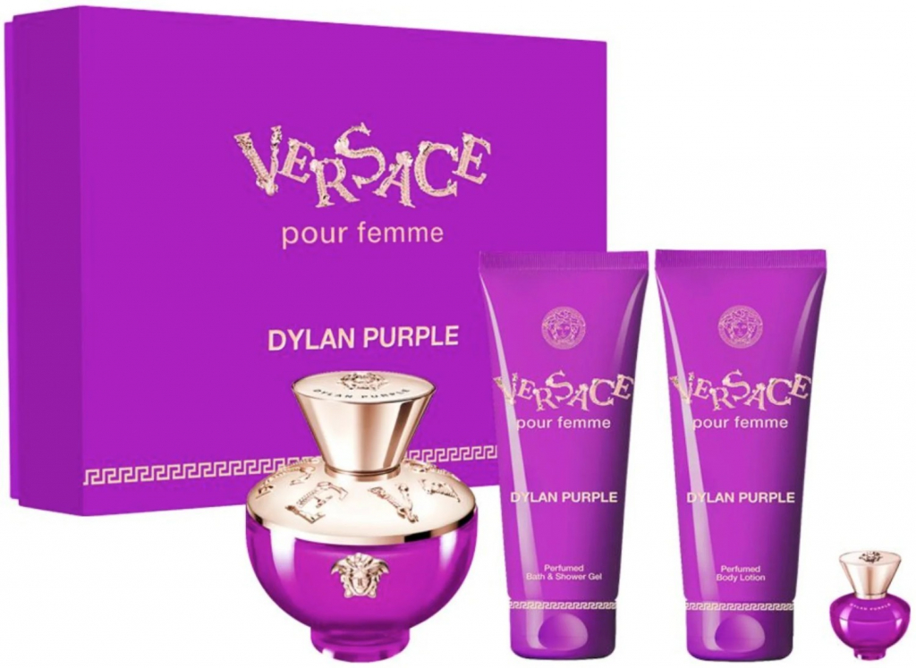 Versace Pour Femme Dylan Purple dámská sada EDP 100 ml + EDP 5 ml + sprchový gel 100 ml + tělové mléko 100 ml