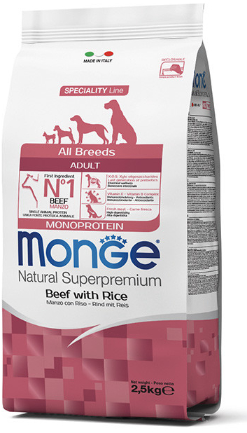 MONGE Dog Monoprotein Hovězí rýže 27/16 2,5 kg