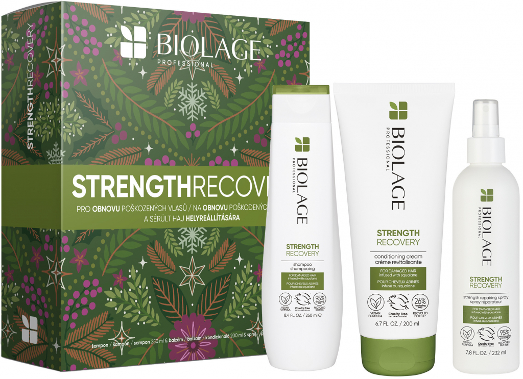 Biolage Strength Recovery šampon pro poškozené vlasy 250 ml + posilující bezoplachová péče pro poškozené vlasy 232 ml + kondicionér pro poškozené vlasy 200 ml