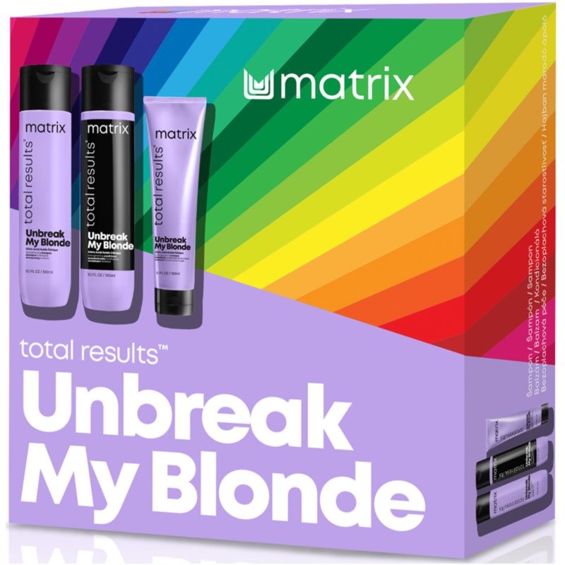 Matrix Total Results Unbreak My Blonde vyživující šampon pro blond vlasy 300 ml + vyživující kondicionér pro blond vlasy 300 ml + bezoplachová péče pro blond vlasy 150 ml dárková s