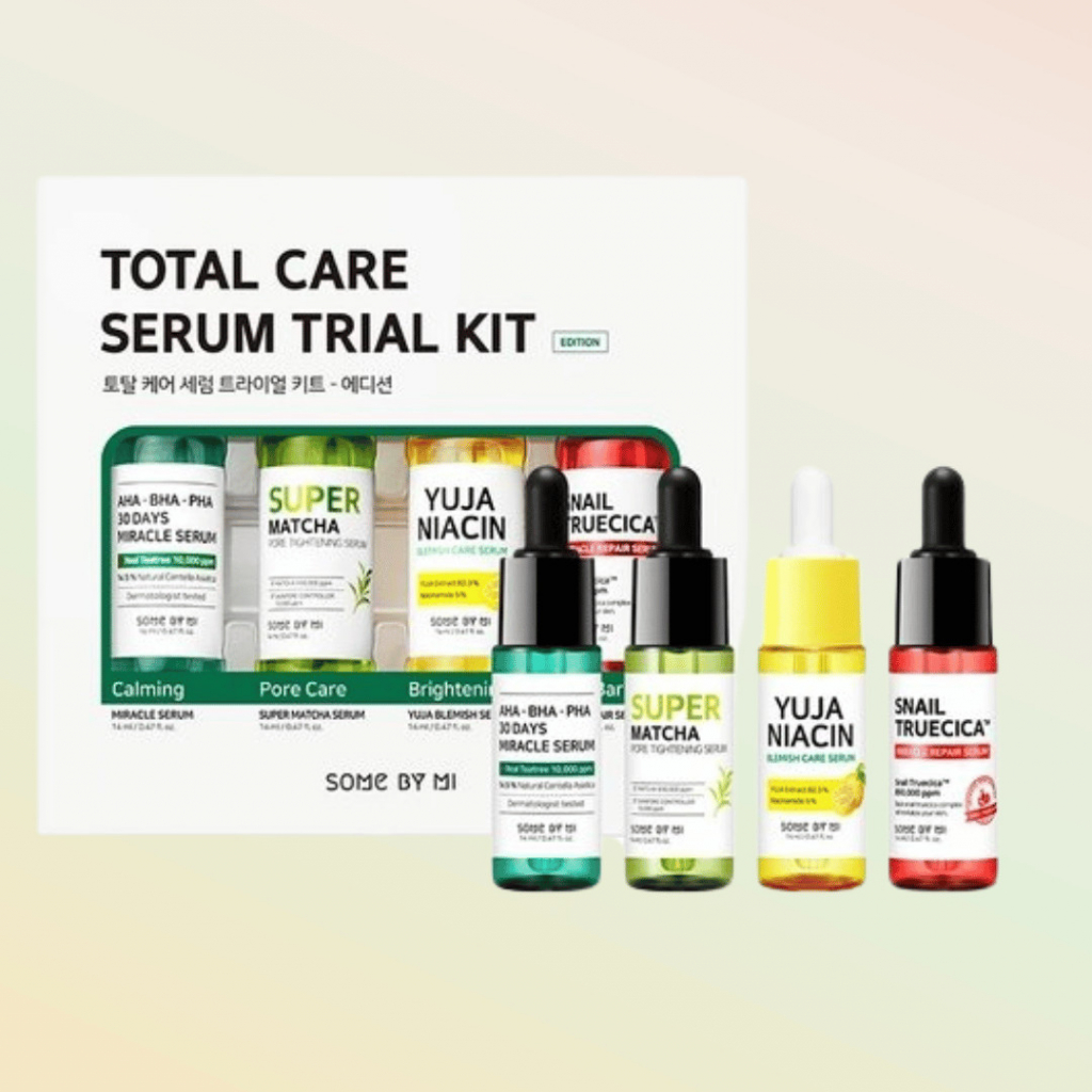 Some By Mi Total Care Serum kyselinové sérum 14 ml + sérum se šnečím slizem 14 ml + Super Matcha sérum 14 ml + rozjasňující sérum 14 ml dárková sada