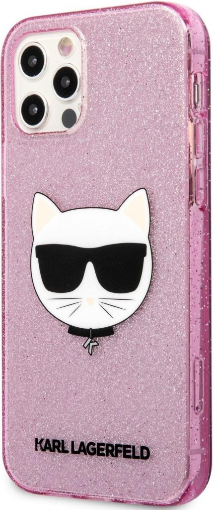 Pouzdro Karl Lagerfeld Choupette Head Glitter Apple iPhone 12 Pro Max růžové