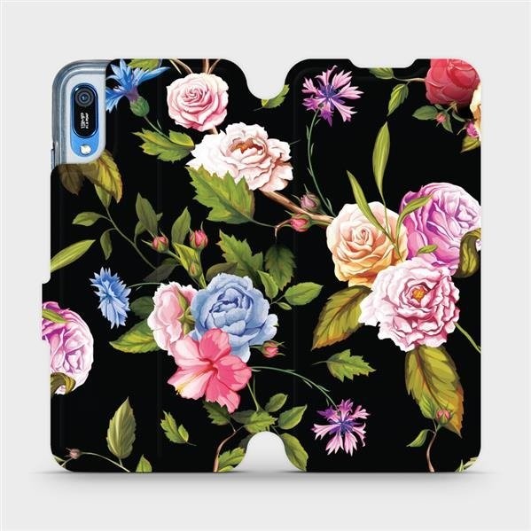 Pouzdro Mobiwear parádní flip Huawei Y6 2019 - VD07S Růže a květy na černém pozadí