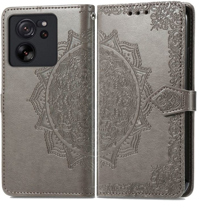 Levné Kryty Peněženkové pouzdro Embossing Pattern Mandala Flower Xiaomi 13T / 13T Pro šedé