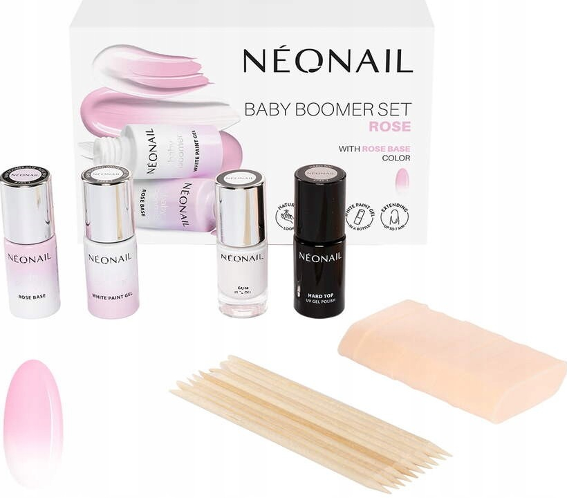 NeoNail Baby Boomer Baby Boomer Rose Base podkladový lak pro gelové nehty 7,2 ml + Baby Boomer White Paint Gel gelový lak na nehty 6,5 ml + Gum Peel-Off ochranný gel na nehtovou kůžičku