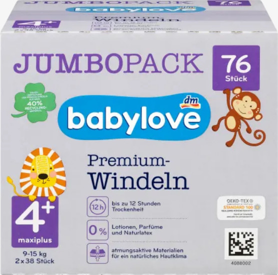 Babylove Premium aktiv plus 4+ maxiplus 9-20 kg Jumbo Pack 2 x 38 76 ks