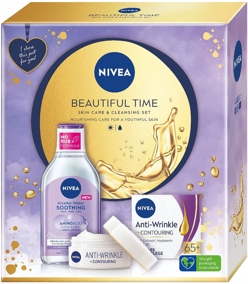 Nivea Beautiful Time sada denní pleťový krém Anti-Wrinkle + Contouring SPF30 50 ml + micelární voda Soothing Micellar Water 400 ml