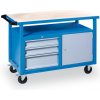 Pojazdný pracovný stôl do dielne GD, smrek + buková preglejka, 3 zásuvky, 1 skrinka, 1190 x 600 x 850 mm, modrá Pojazdný pracovný stôl do dielne GD, smrek + buková preglejka, 3 zásuvky, 1 skrinka, 1190 x 600 x 850 mm, modrá