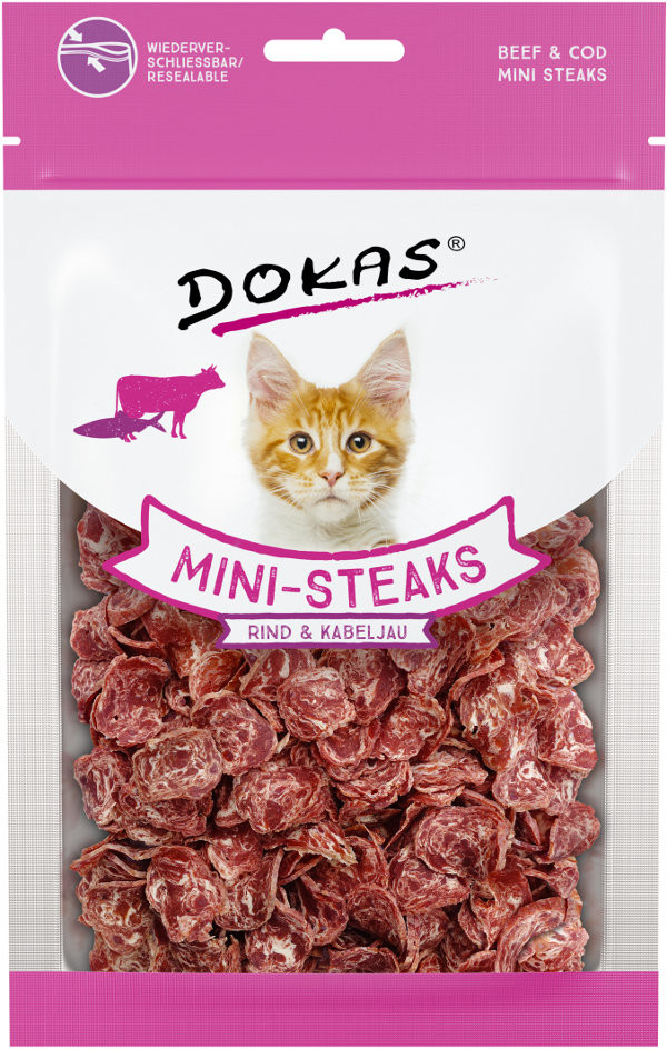 Dokas pamlsky pre mačky hovädzie a treska mini steaky 25 g