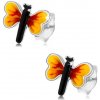 Šperky eshop - Strieborné 925 náušnice, malý motýlik, žlto-červené krídla, puzetky I22.29 Šperky eshop - Strieborné 925 náušnice, malý motýlik, žlto-červené krídla, puzetky I22.29