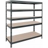 Majster Regál RIVET bezskrutkový kovový regál s HDF policou, 180x150x60 cm, 5 políc, 250kg na policu, antracitová sivá farba Majster Regál RIVET bezskrutkový kovový regál s HDF policou, 180x150x60 cm, 5 políc, 250kg na policu, antracitová sivá farba