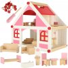 Drevený domček pre bábiky ružový - 36 cm + nábytok