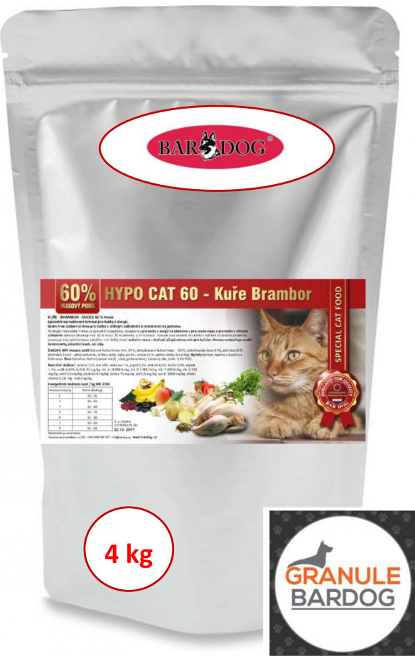Bardog Hypoalergenní granule pro kočky Hypo Cat 60 kura Brambor 32/18 4 kg