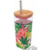 Quokka Sklenený cestovný hrnček so slamkou Liquid Cube Pink Jungle Flora 540 ml