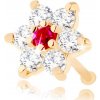 Šperky eshop - Rovný piercing do nosa zo žltého 14K zlata - kvietok zo zirkónov a rubínu S2GG95.27 Šperky eshop - Rovný piercing do nosa zo žltého 14K zlata - kvietok zo zirkónov a rubínu S2GG95.27