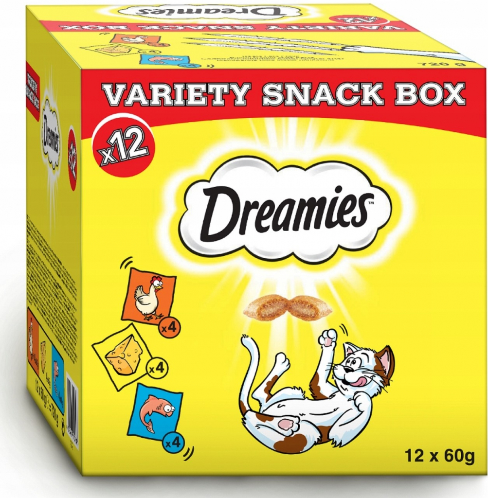 Dreamies Mixbox s kuracím, syrom a lososom 12 x 60 g