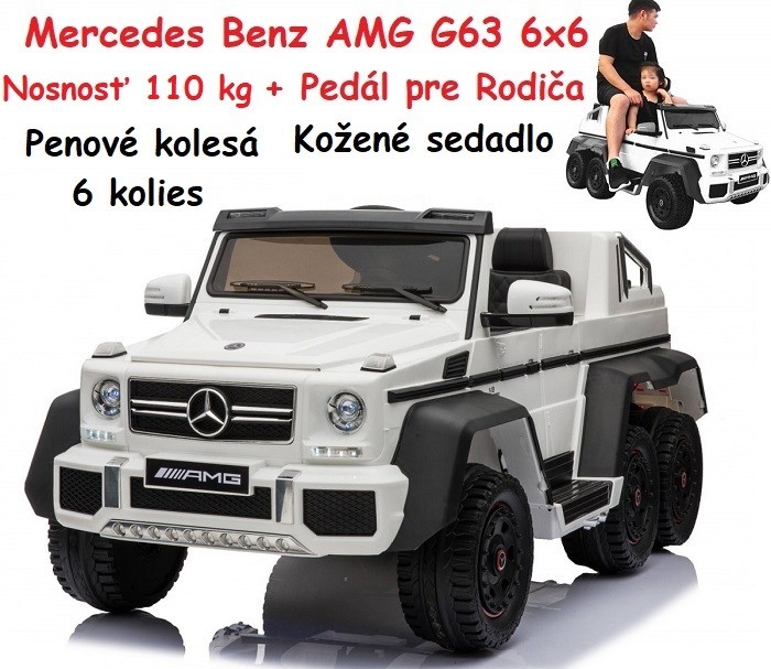 Joko Elektrické autíčko Mercedes Benz AMG G63 6x6 nosnosť 110kg pedál pre rodiča penové kolesá kožená sedadlo pohon 4x4 bielá