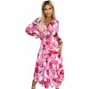 436-1 VALENTINA Midi dress with a neckline and a belt - pink roses on a white background ružová One size numoco basic 5903133877868 436-1 VALENTINA Midi dress with a neckline and a belt - pink roses on a white background ružová One size numoco basic 5903133877868