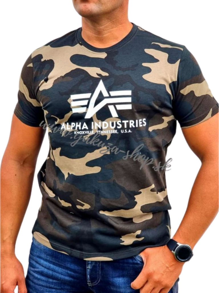 Alpha Industries Basic T-Shirt Camo tričko pánske woodl camo zelený a hnedý maskáč