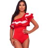 Dámské Body Red Ruffle One Shoulder Mesh Bodysuit